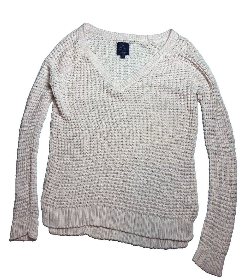 American Eagle jegging Sweater Sz S/P Pink cotton Chunky Knit VNeck Raglan Y2K